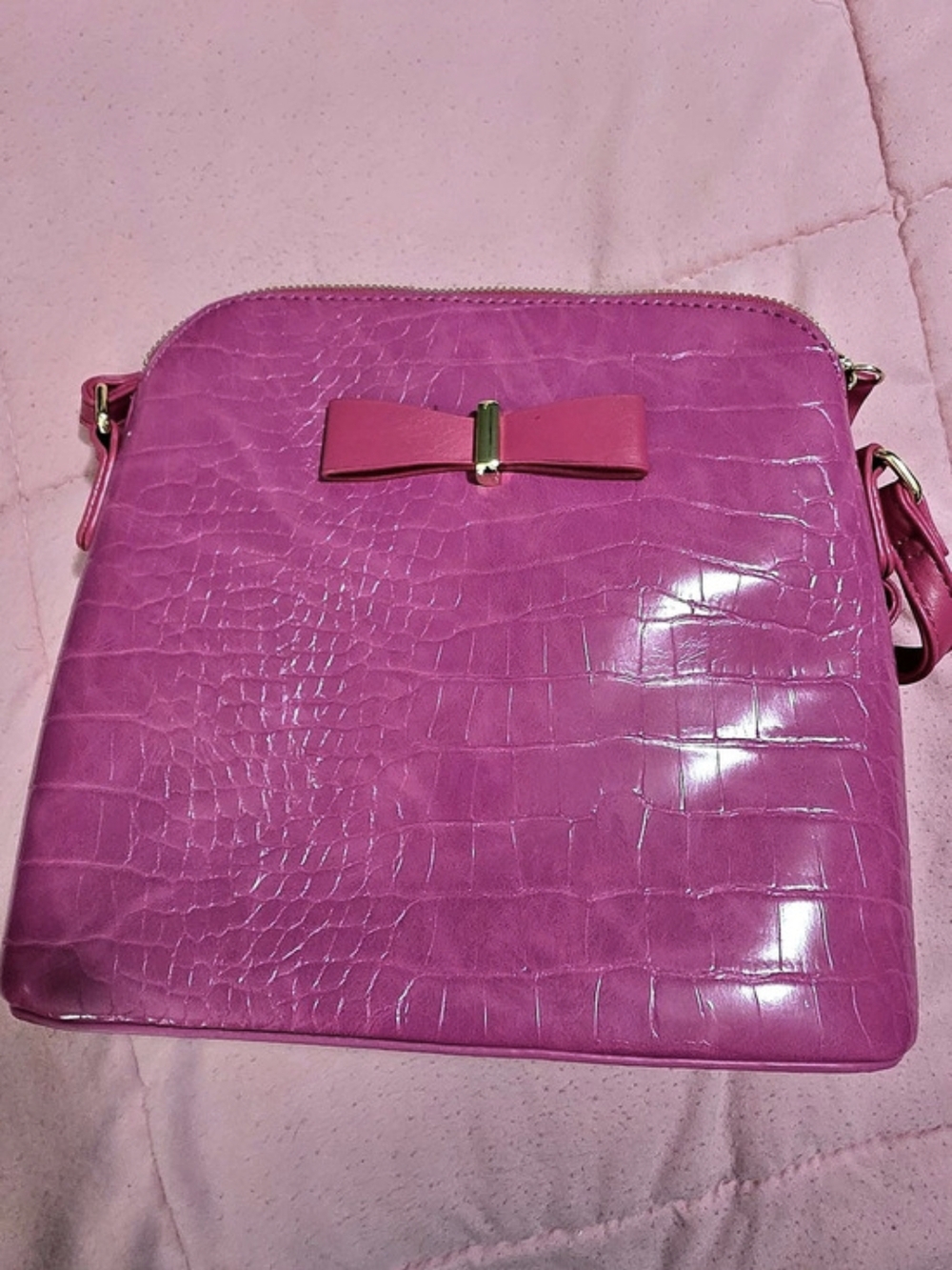 Pink Crocodile-Embossed Crossbody Bag